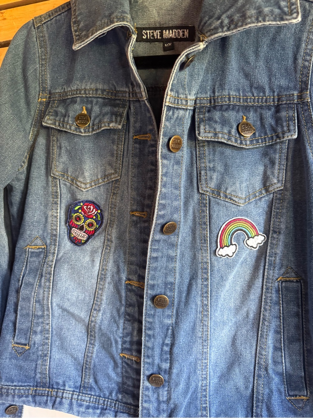 ๐5 for $25๐ Steve Madden Blue Denim Jacket with Multicolor Patchwork - Picture 5 of 9